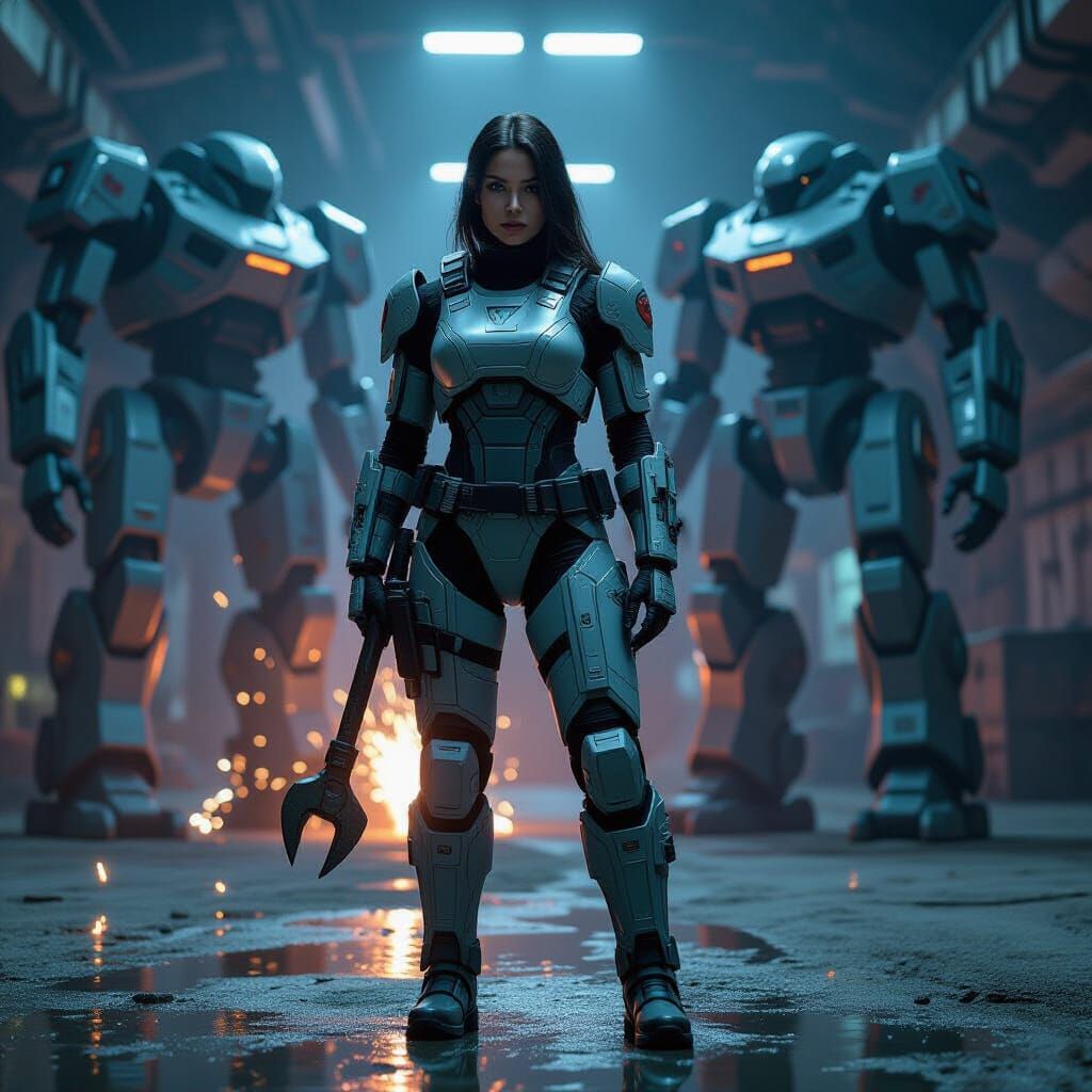 Female Engineer in Mech Bay: Industrial Futurism