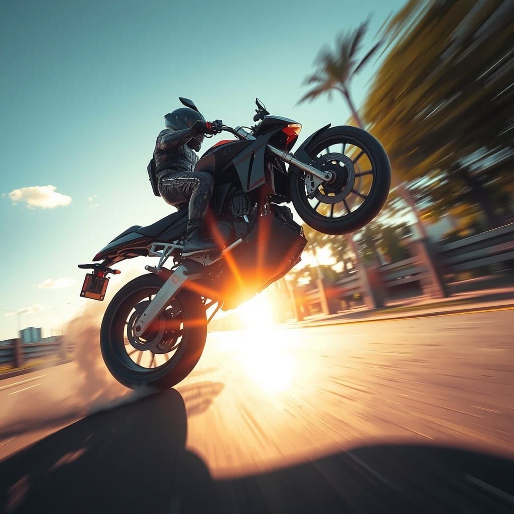 High-Speed Motorcycle Pops Wheelie in Futuristic Industrial ...