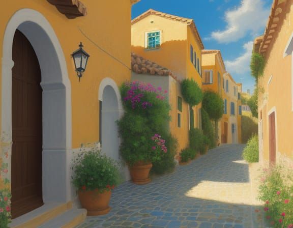 Impressionist Oil Painting of Spanish Villa with Brick Path
