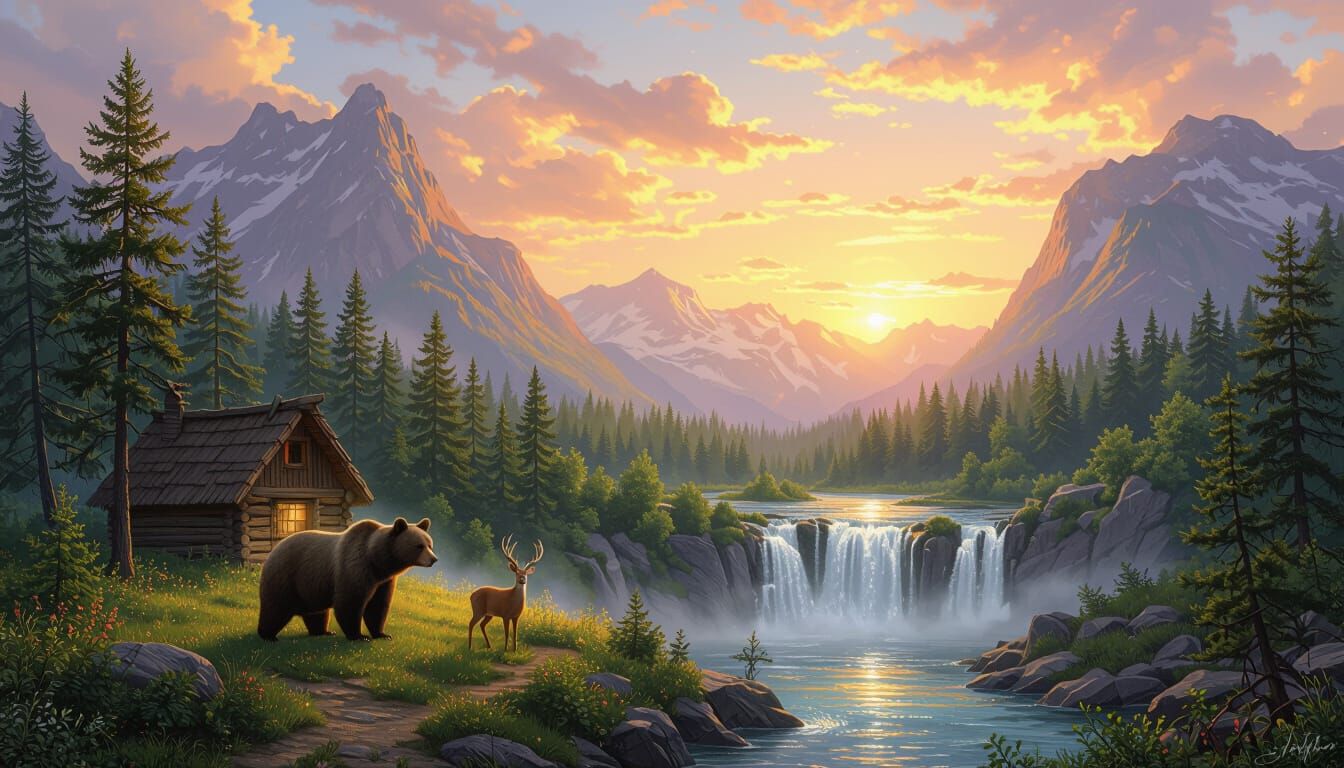 Majestic Forest Sunrise with Wildlife and Mountains