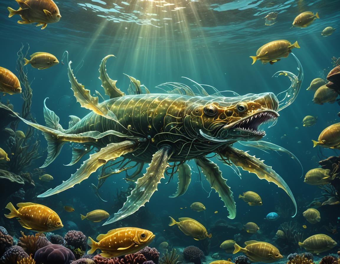 Glowing Glass Leviathan in Biopunk Underwater Scene