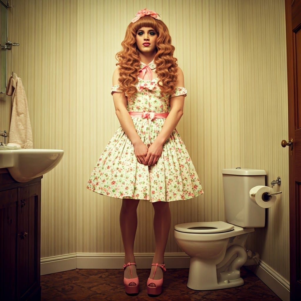 1950s Housewife Crossdressing in Floral Dress