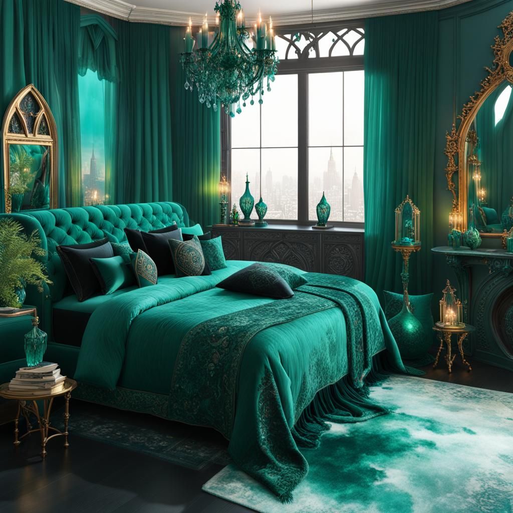 Teal green gothic bedroom with Emerald green frames& gothic windows& gothic emerald green curtains& Emerald green gothic...