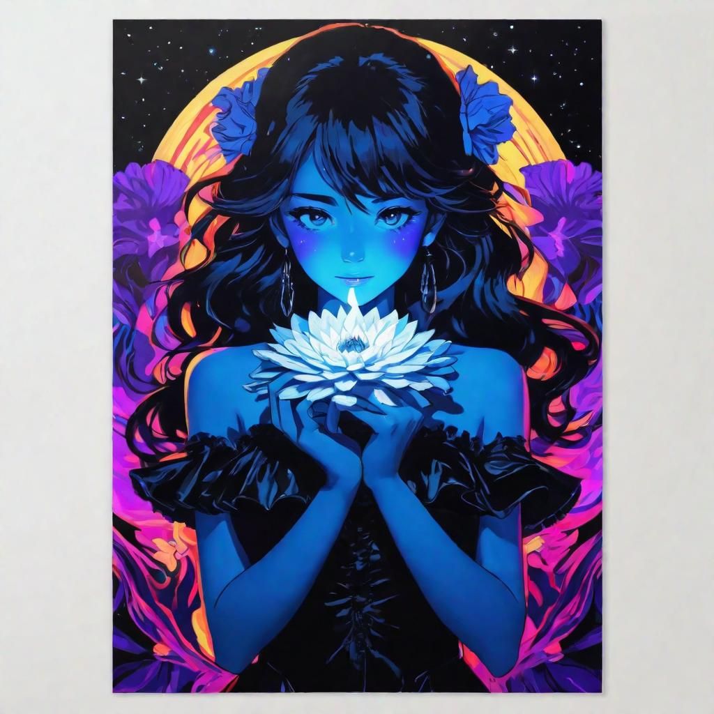 Anime Girl in Black Light Art with Triadic Colors
