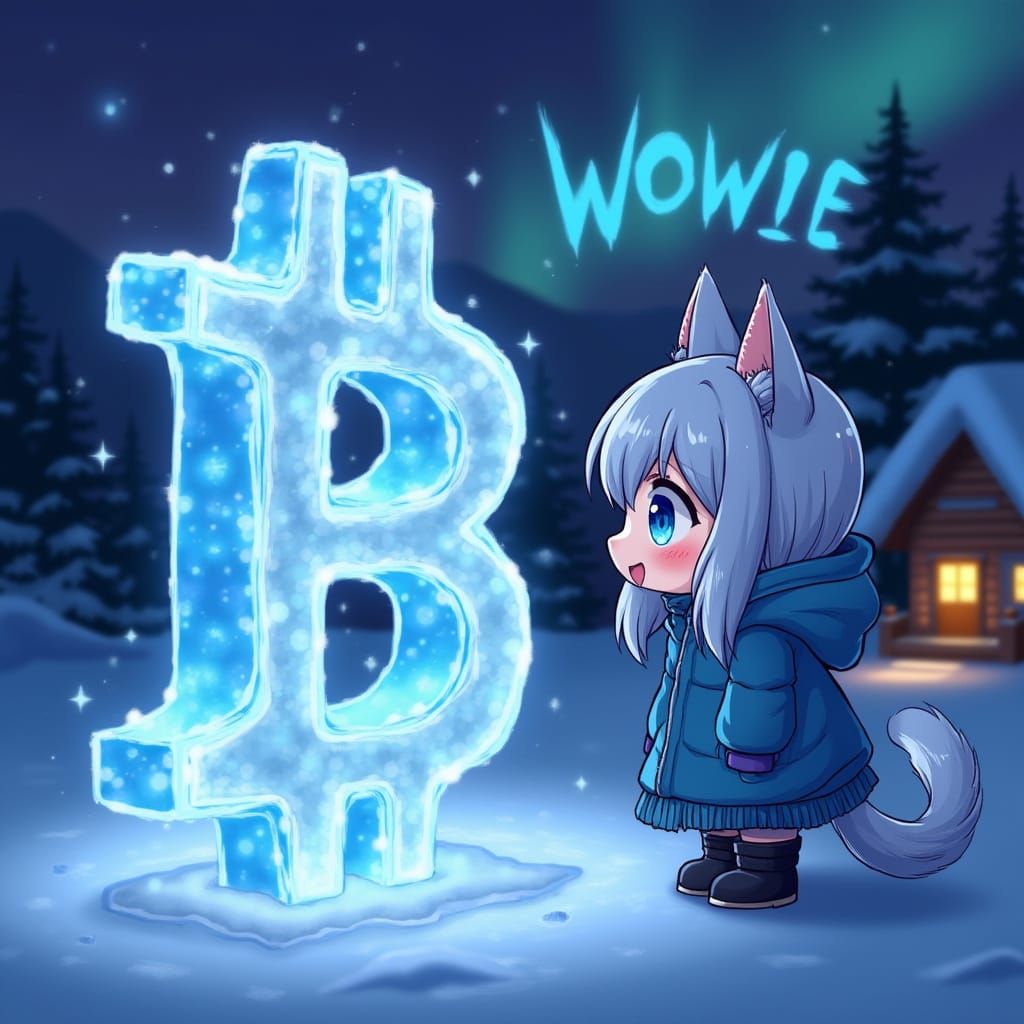 Anime Catgirl Amazed by Crystal Bitcoin Sculpture