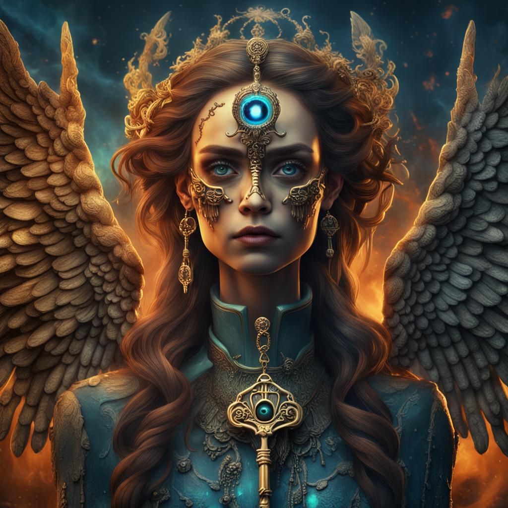 Female Angel with Third Eye Holding Key