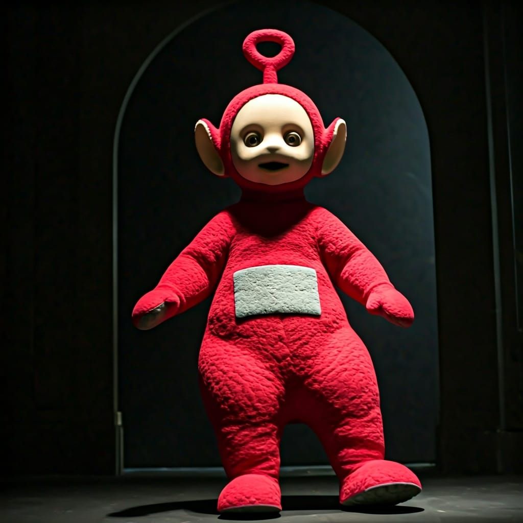 Surreal Animated Teletubby in Unsettling Scene