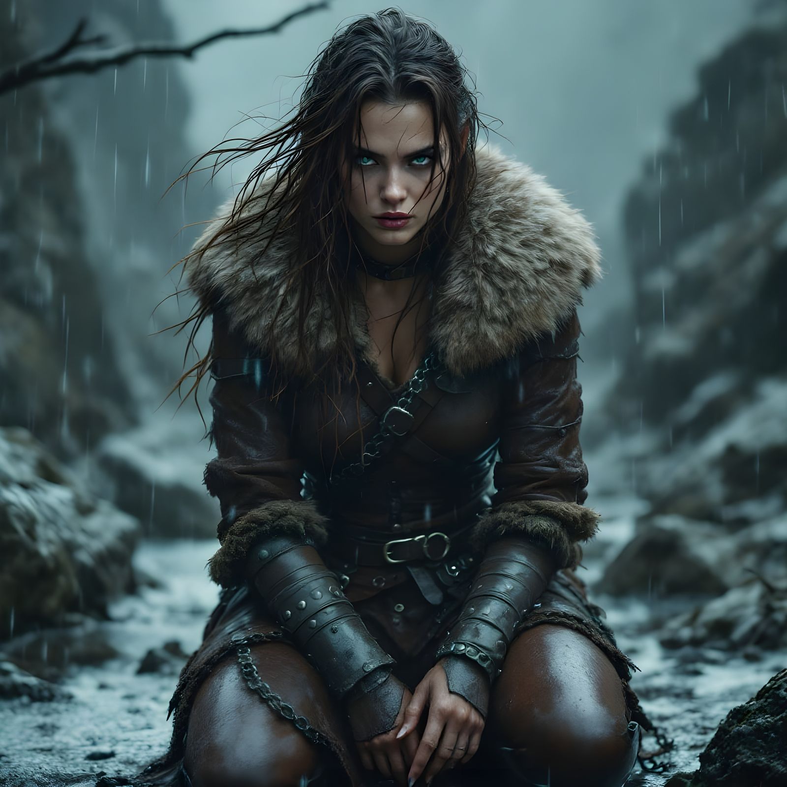 Norse Goddess in Stormy Rain, Fierce and Resilient