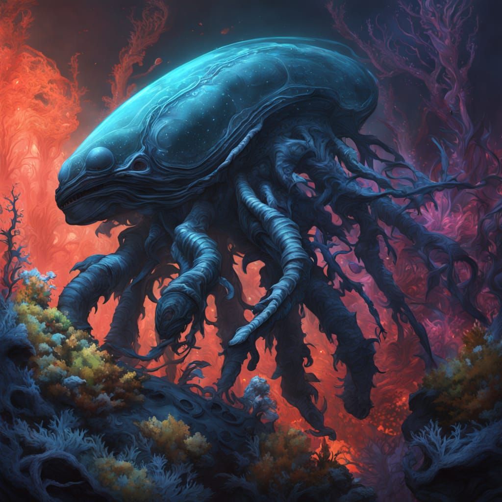 Alien Sea Life in Bioluminescent Coral Reef