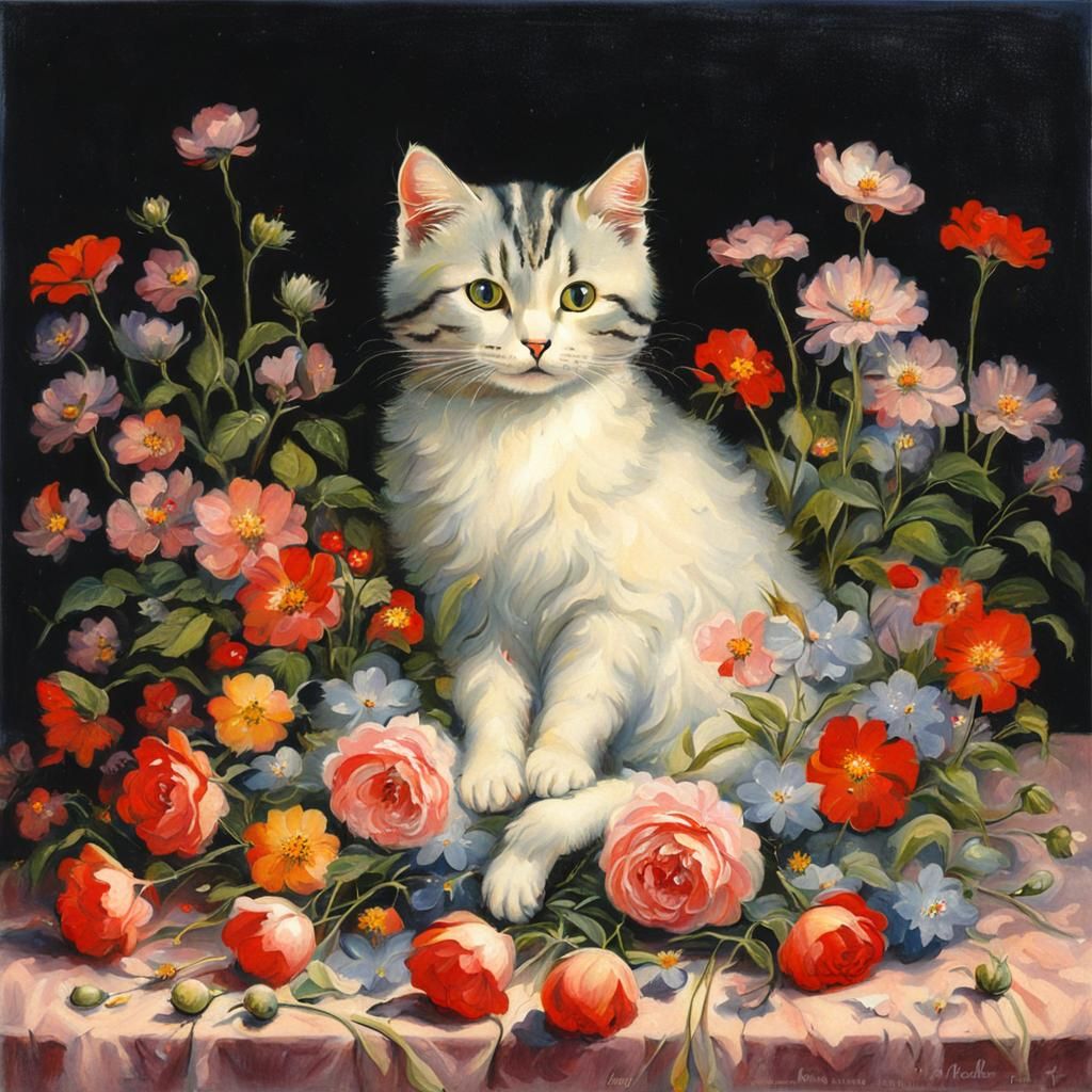 Cat Surrounded by Flowers in Karel Thole Style