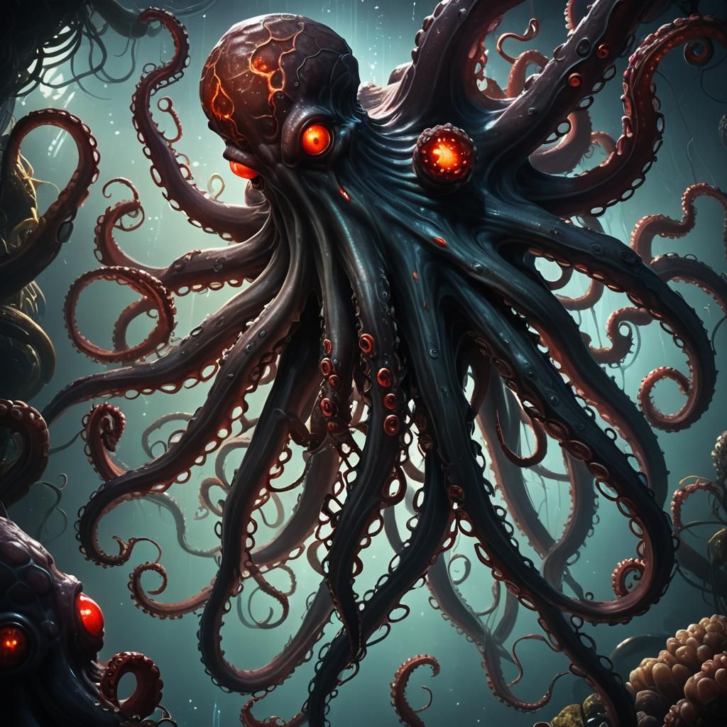 Menacing Bioluminescent Octopus in 3D Cinematic Style
