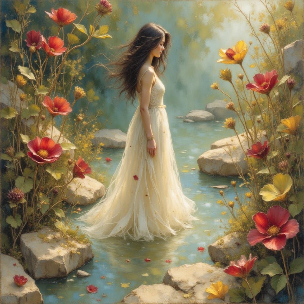 Woman by Crystal Streams with Glossy Flowers