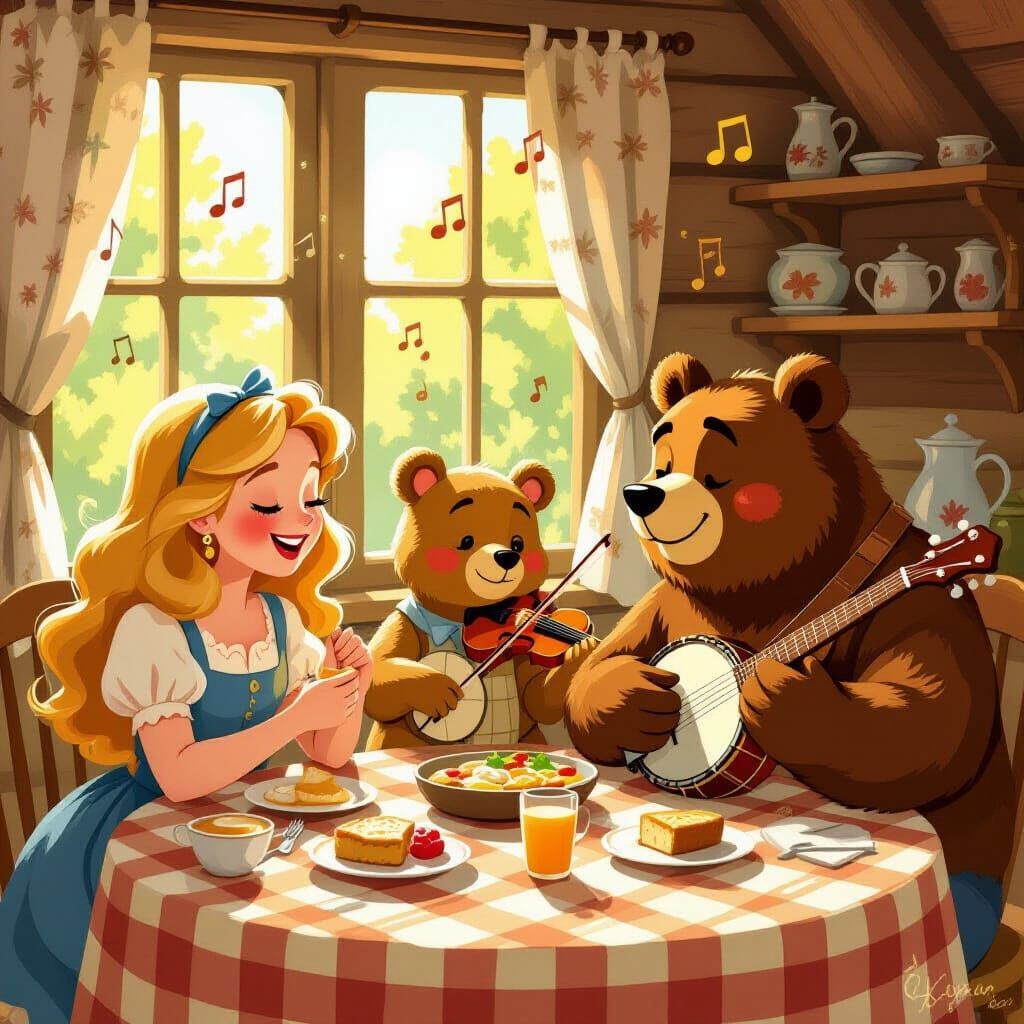 Goldilocks and Bears Enjoy Music in Cozy Cottage