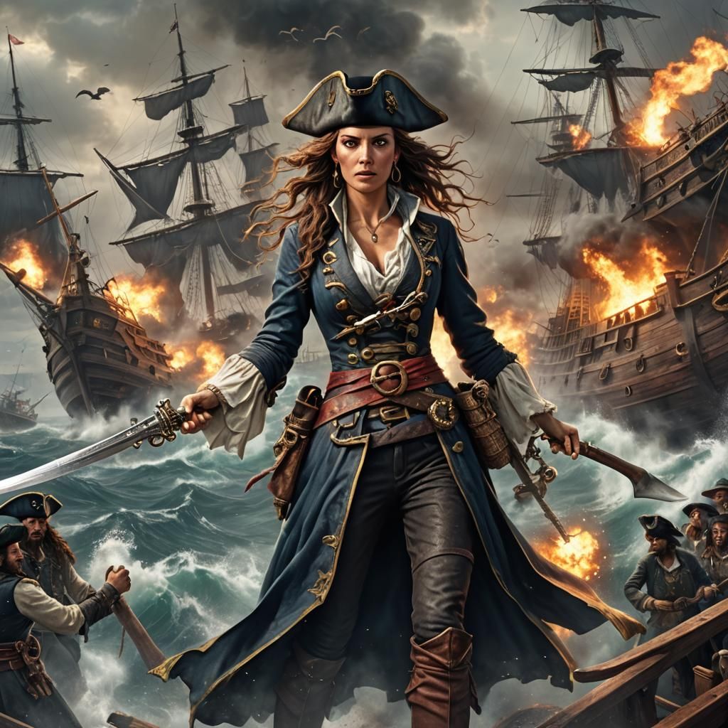 Pirate Woman Amidst Sea Serpent and Kraken