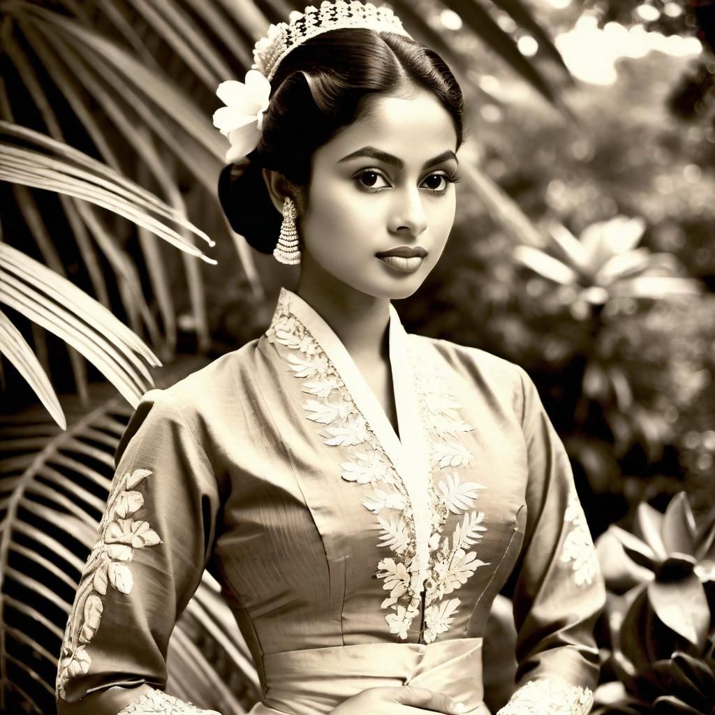 Pretty Indonesian Woman in Tropical Garden, Sepia Photograph
