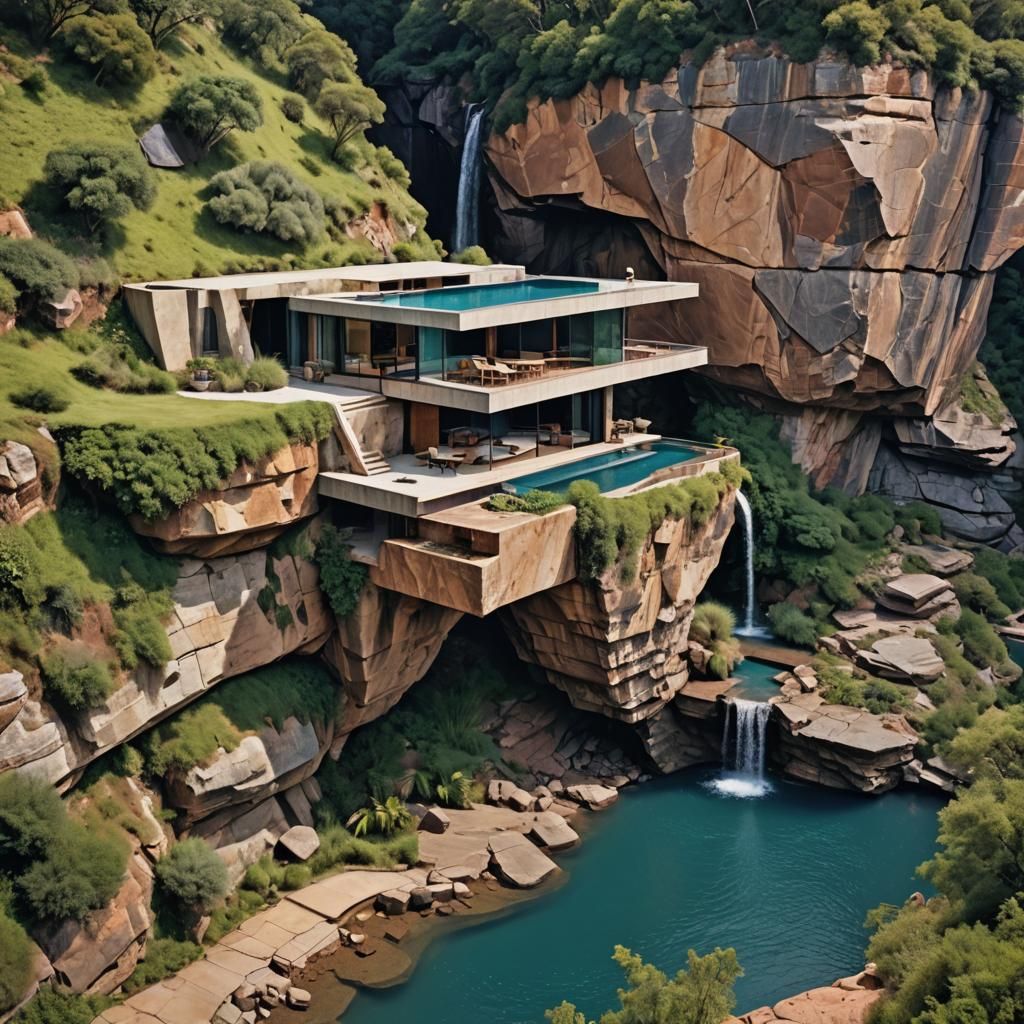 Impossible Cliffside House with Waterfall