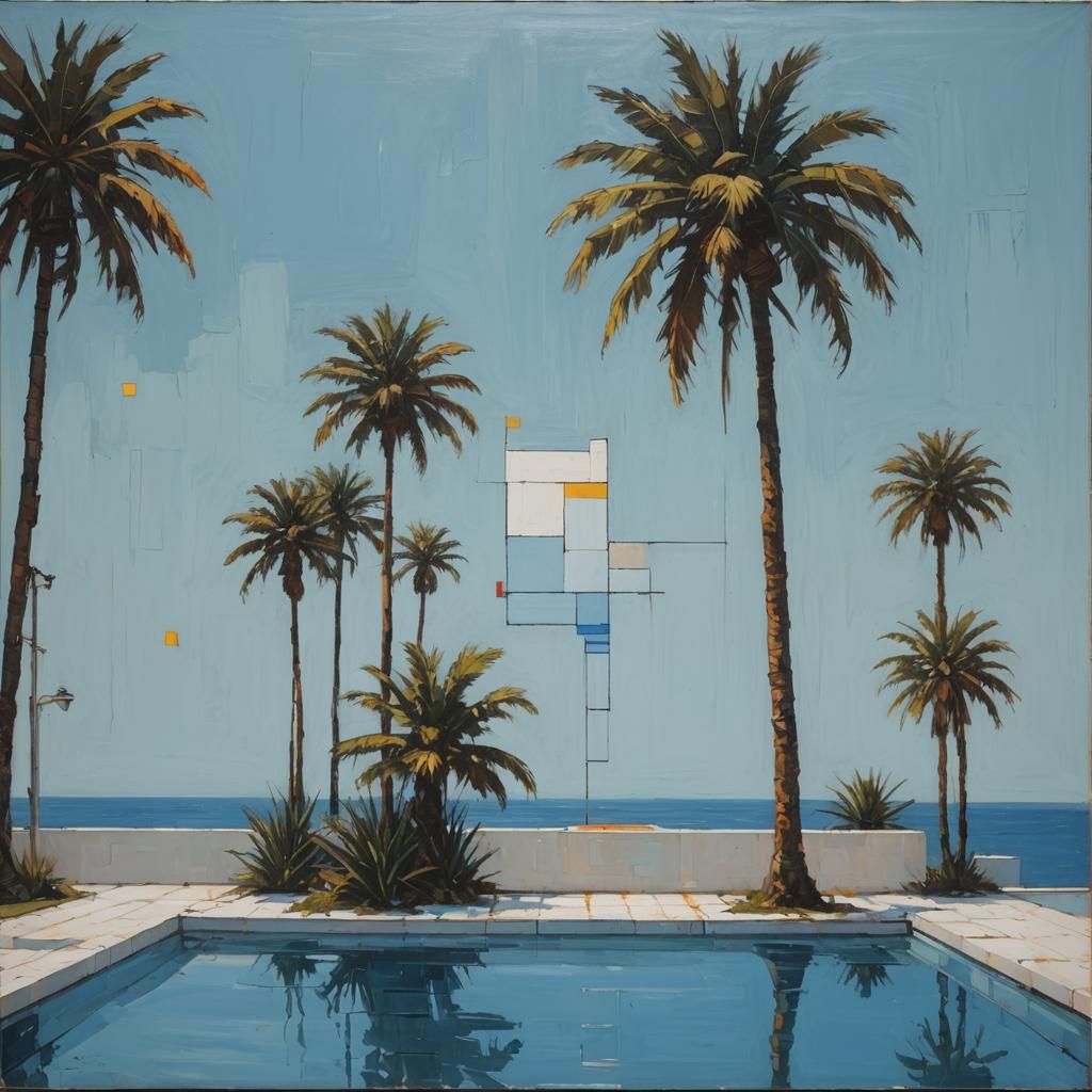 Minimalist Palm Pool View in Mondrian Art Style