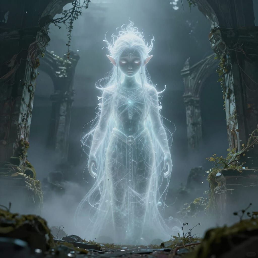 Ancient Guardian Spirit in Foggy Ruins