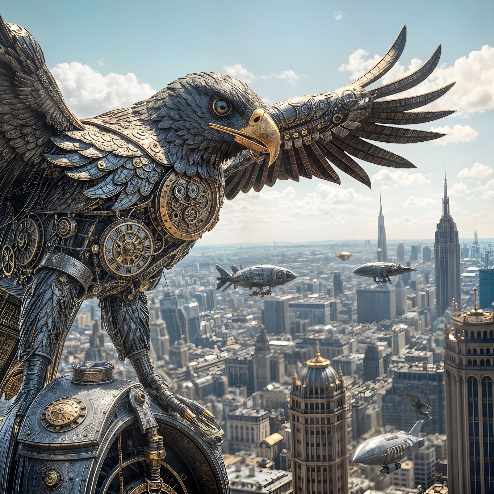 Clockwork Eagle Surveys Steampunk Cityscape in Detailed Conc...