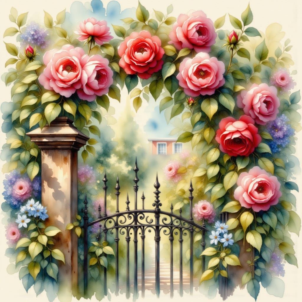 Impressionistic Watercolor Roses on Wrought Iron Trellis