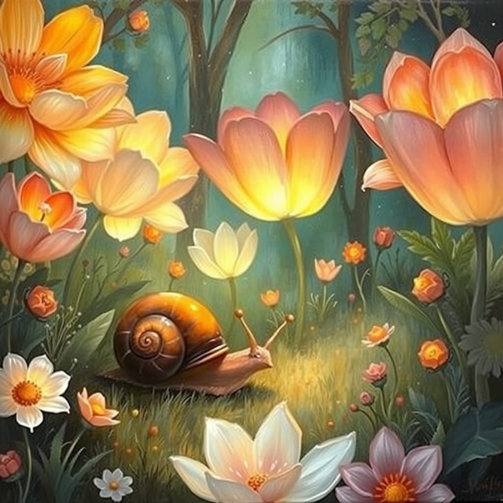 Glowing Flowers and Snail in Dreamlike Meadow