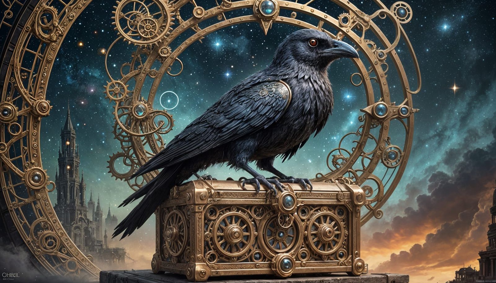 Clockwork Crow Perched in Nebula Sky