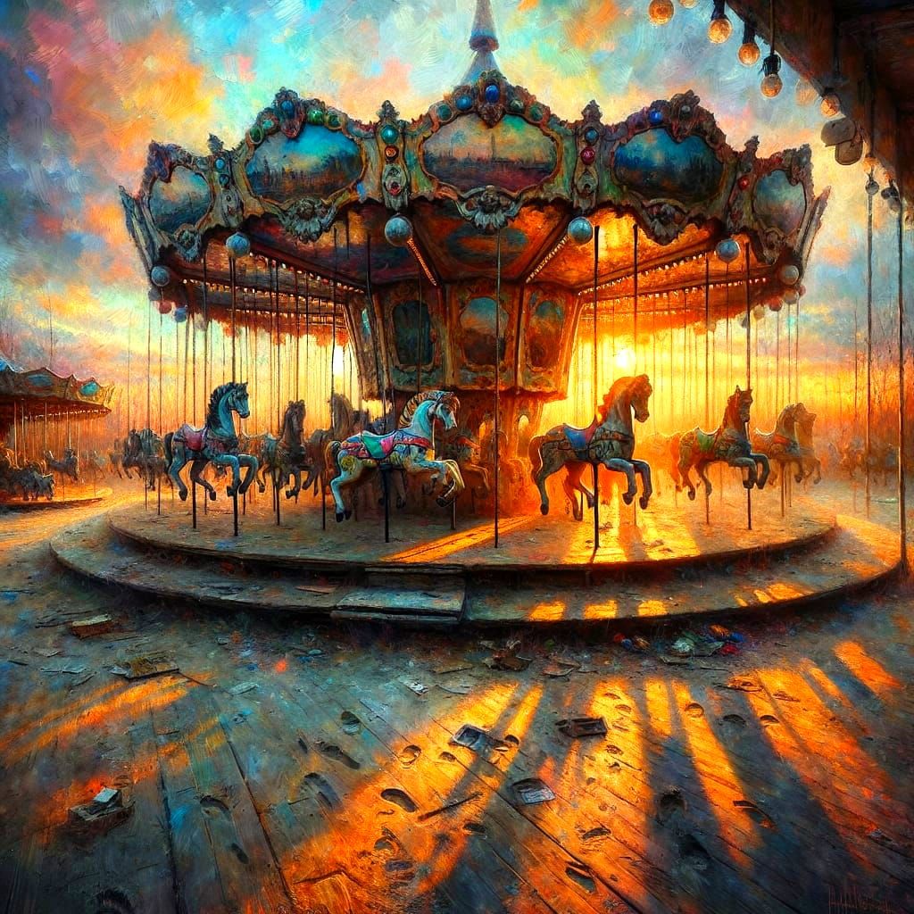 Abandoned Carousel at Sunset: Impressionistic Nostalgia