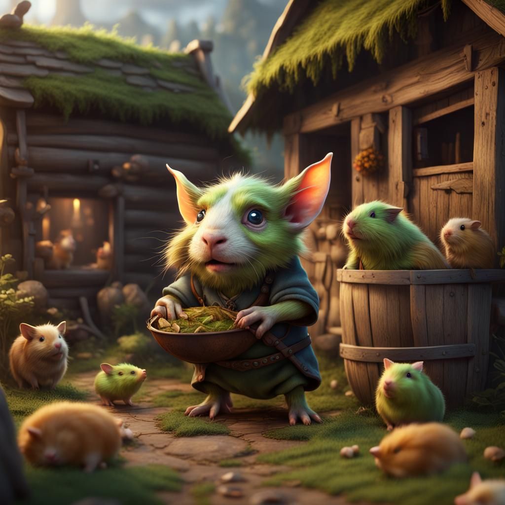 Goblin and Guinea Pigs: Fantasy Farm Scene