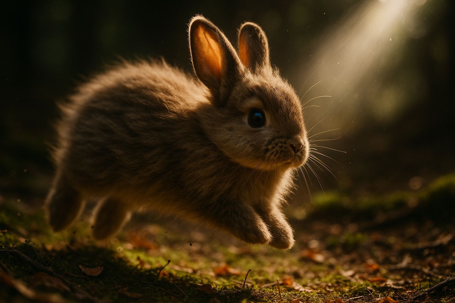 Fluffy Bunny Leaps Through Sun-Dappled Forest