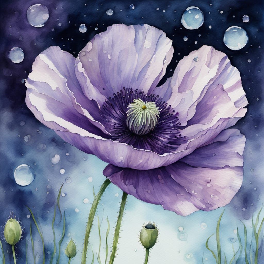 Ethereal Watercolor Moonlight Poppy with Dew Drops