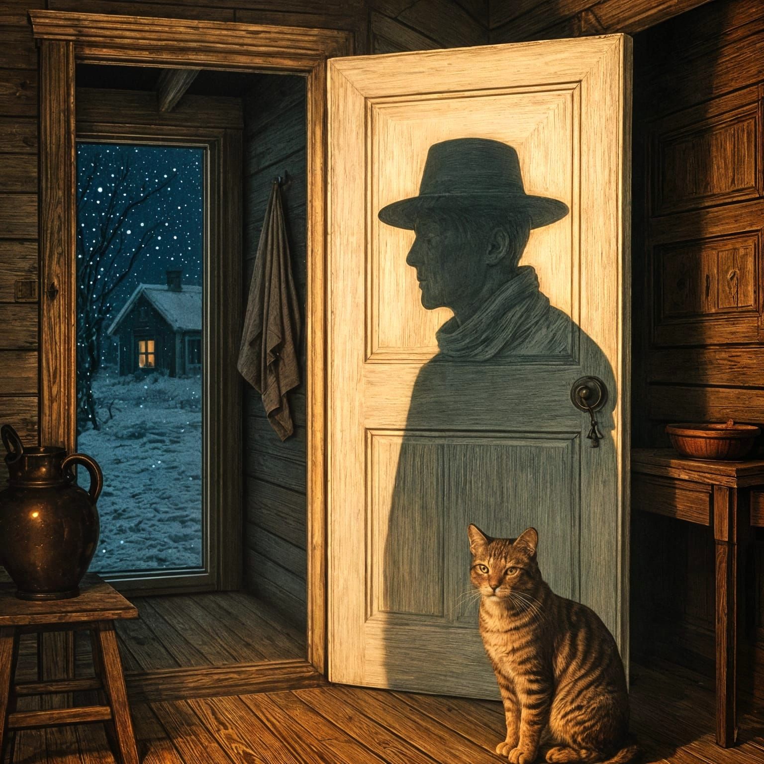 Eerie Silhouette: Golden Age Illustration of ajar Door