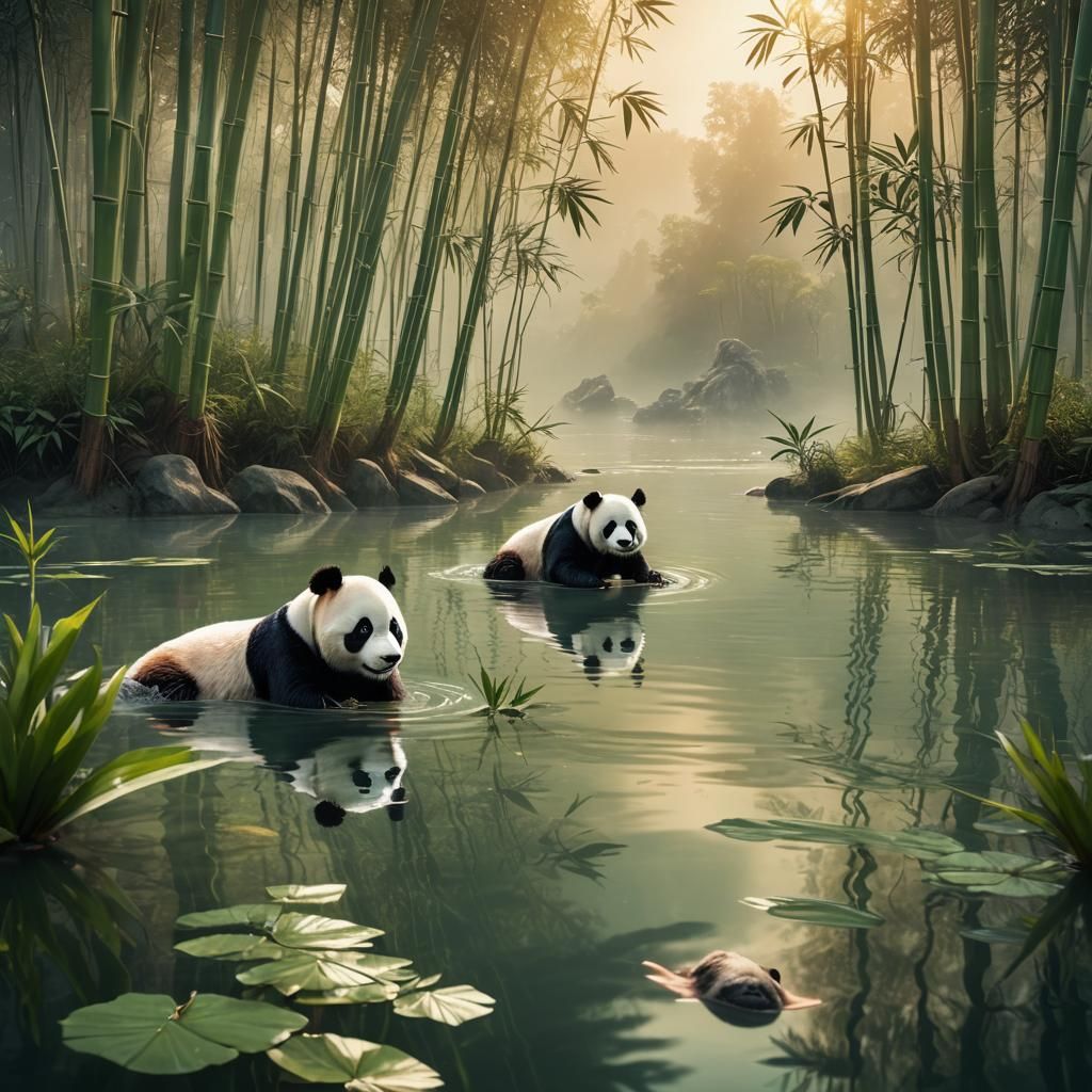 Pandas in Bamboo Forest, Matte Painting Style