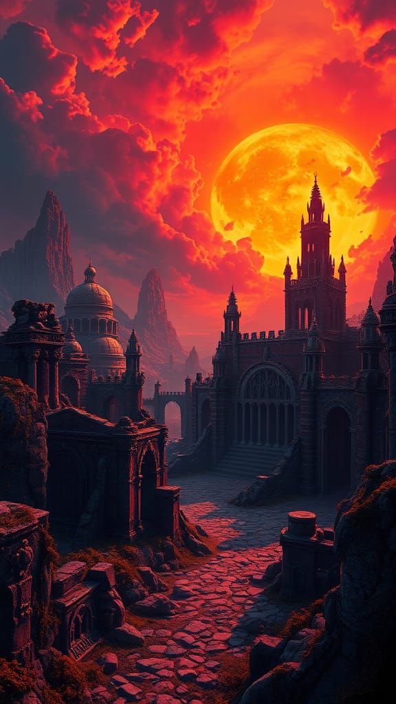 Ruined Inquisition Stronghold in a Fiery Post-Apocalyptic La...