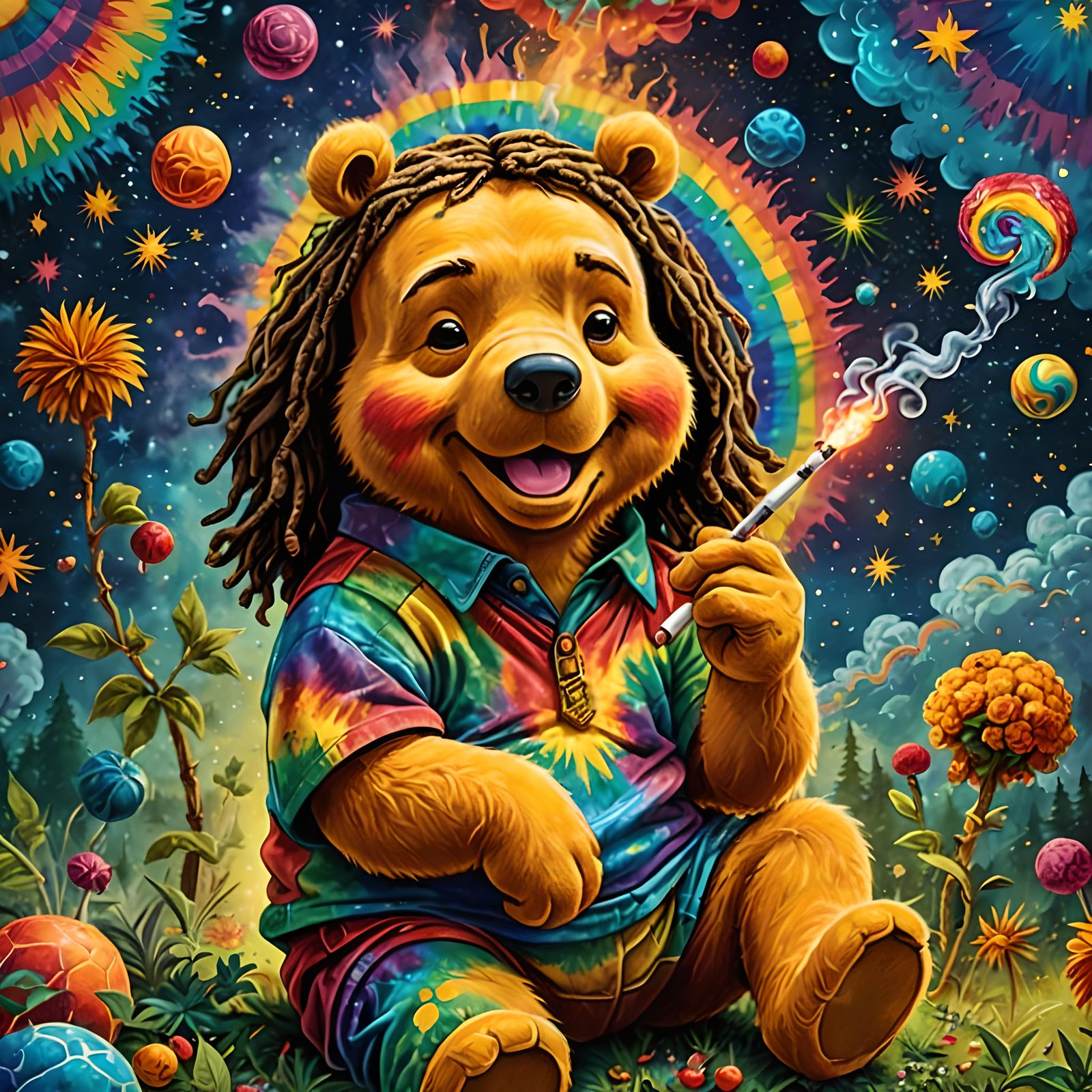 Psychedelic Winnie the Pooh Smoking: Cosmic Illustration