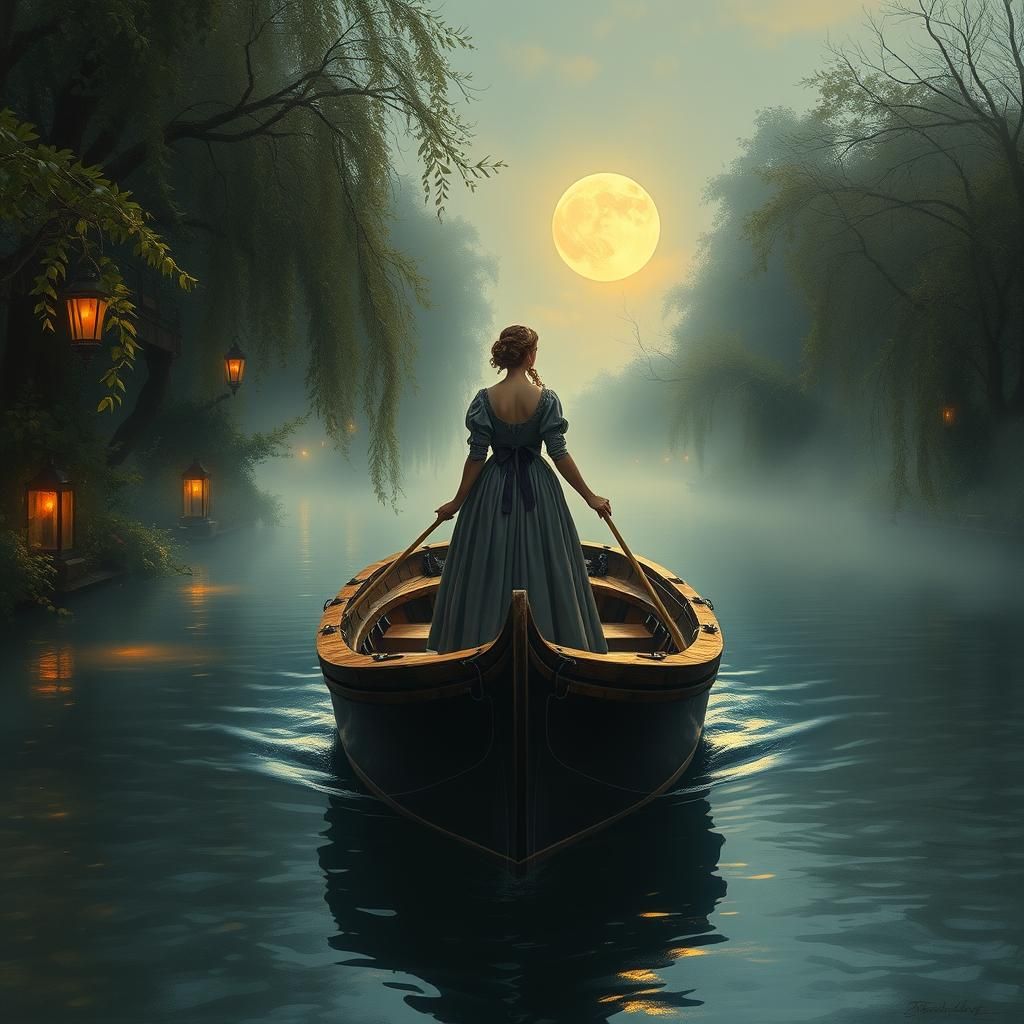 Moonlit Canal Journey in Pre-Raphaelite Style