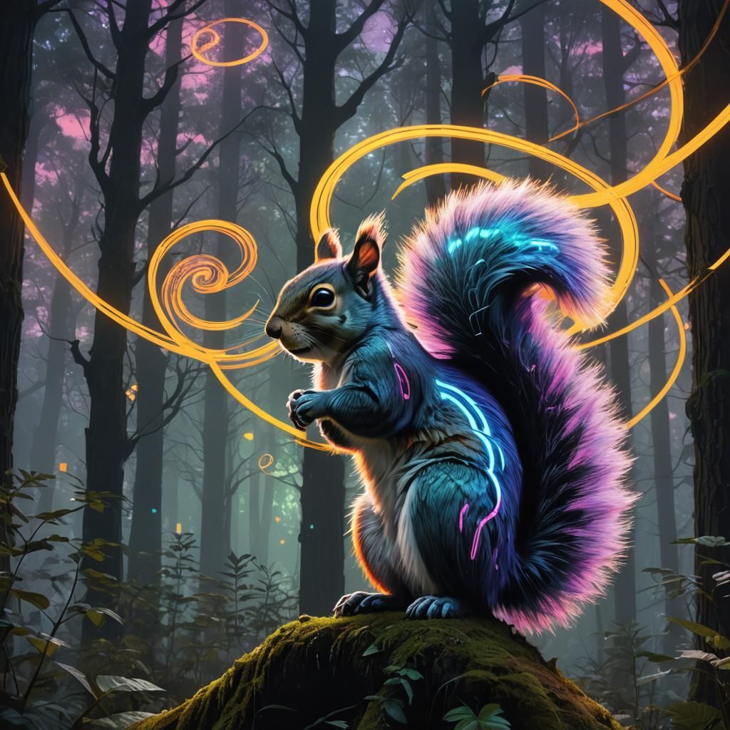 Squirrel with Glowing Fibonacci Tail in Neon Forest