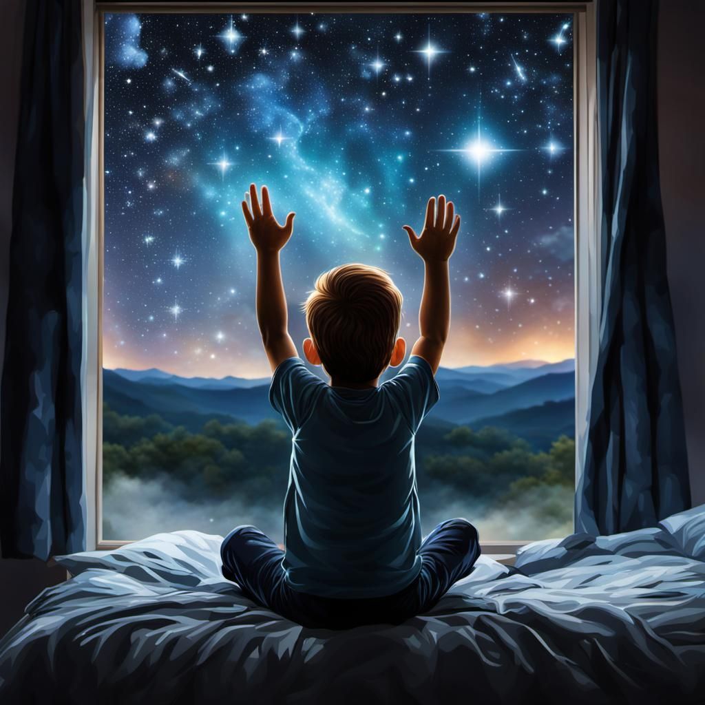 Boy Wishes on Pleiades Constellation from Bedroom Window