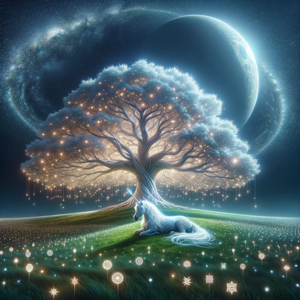 Tree of Life and Unicorn in Moonlit Landscape