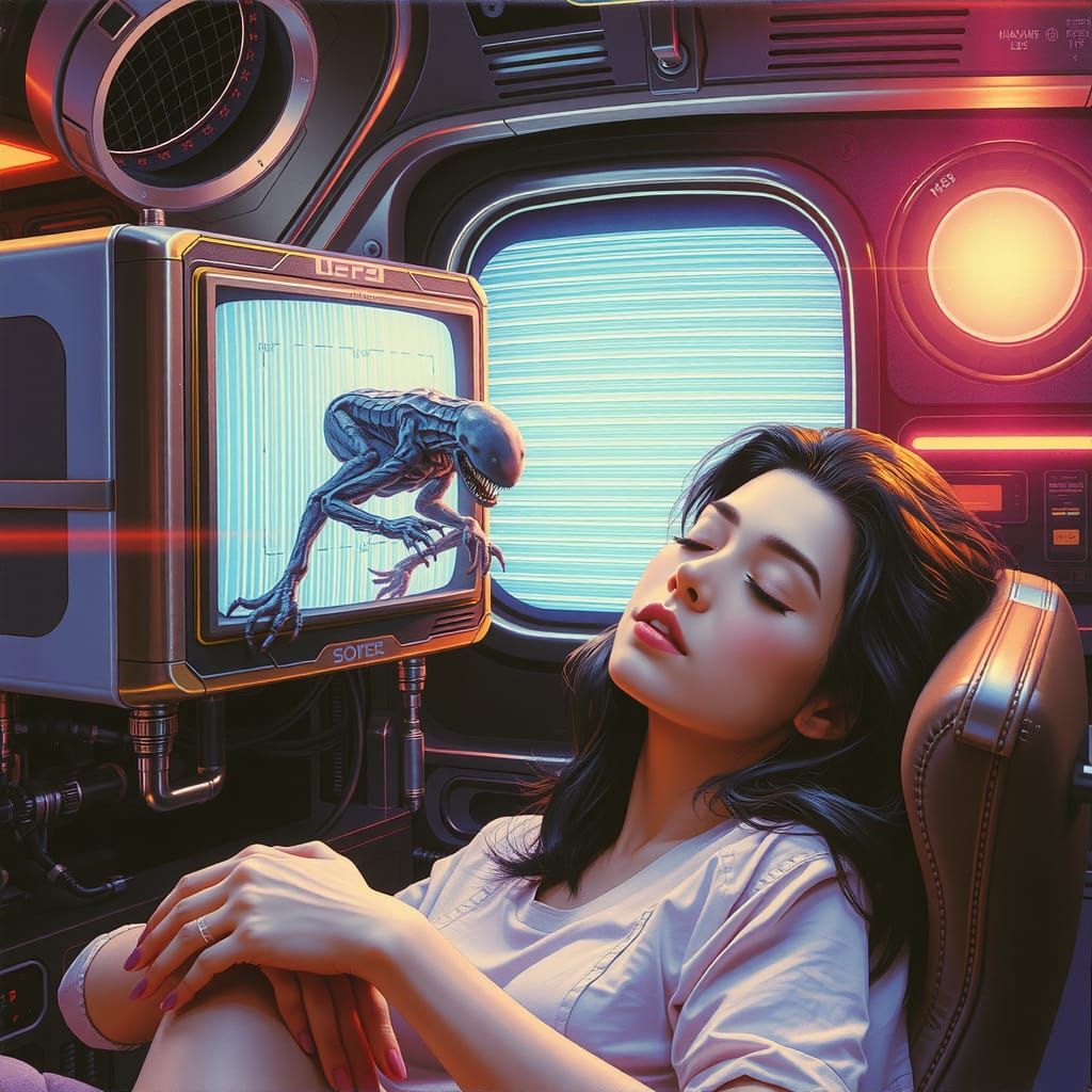 Retro Sci-Fi Cyberpunk Woman in Spaceship Interior