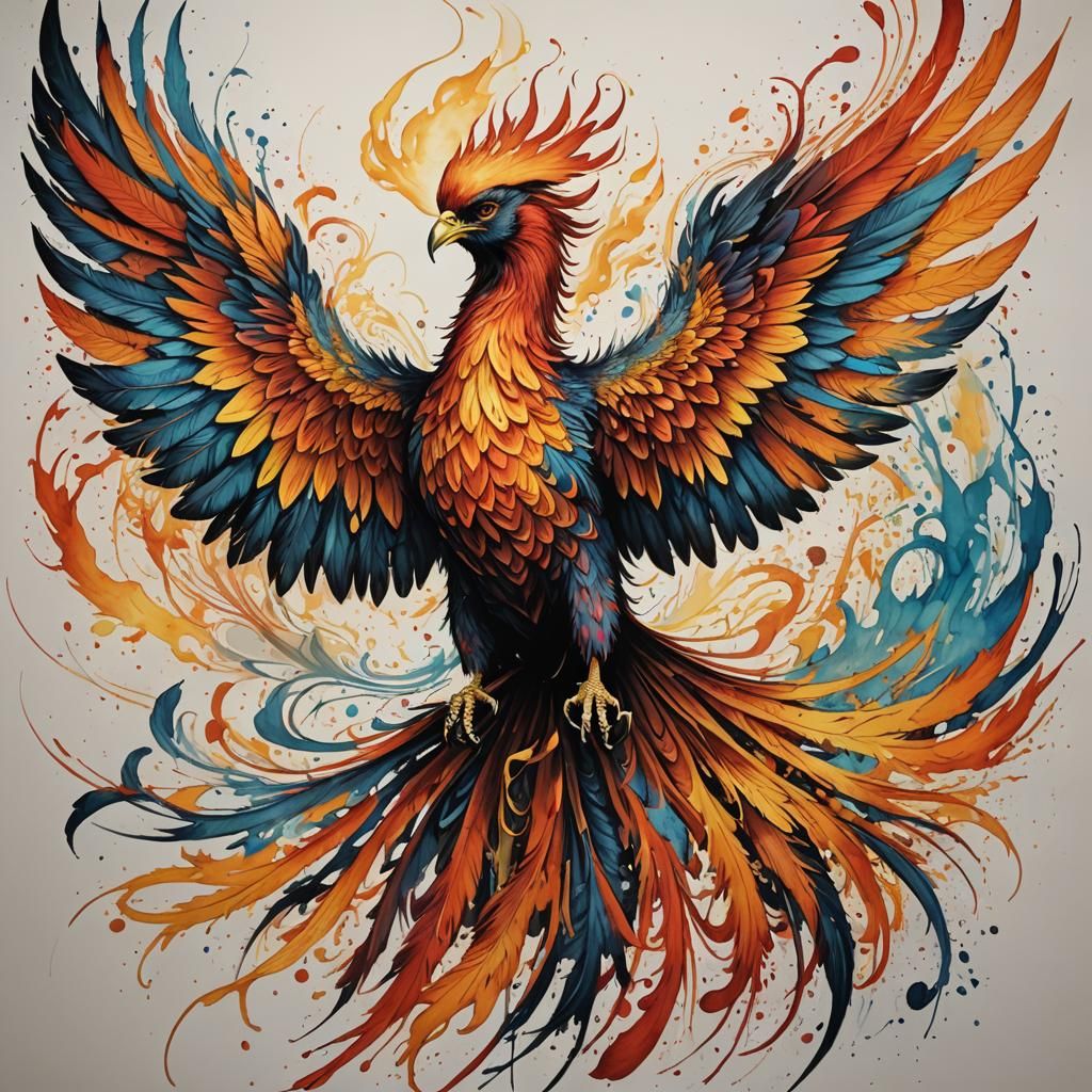 Majestic Fiery Phoenix Mixed Media Art Masterpiece