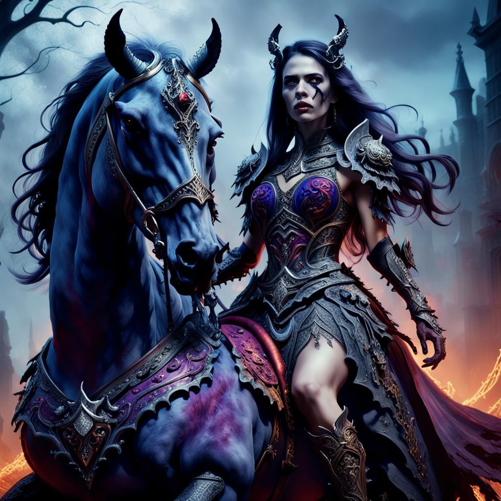 Demonic Woman Rides Undead Horse in Dark Fantasy Art