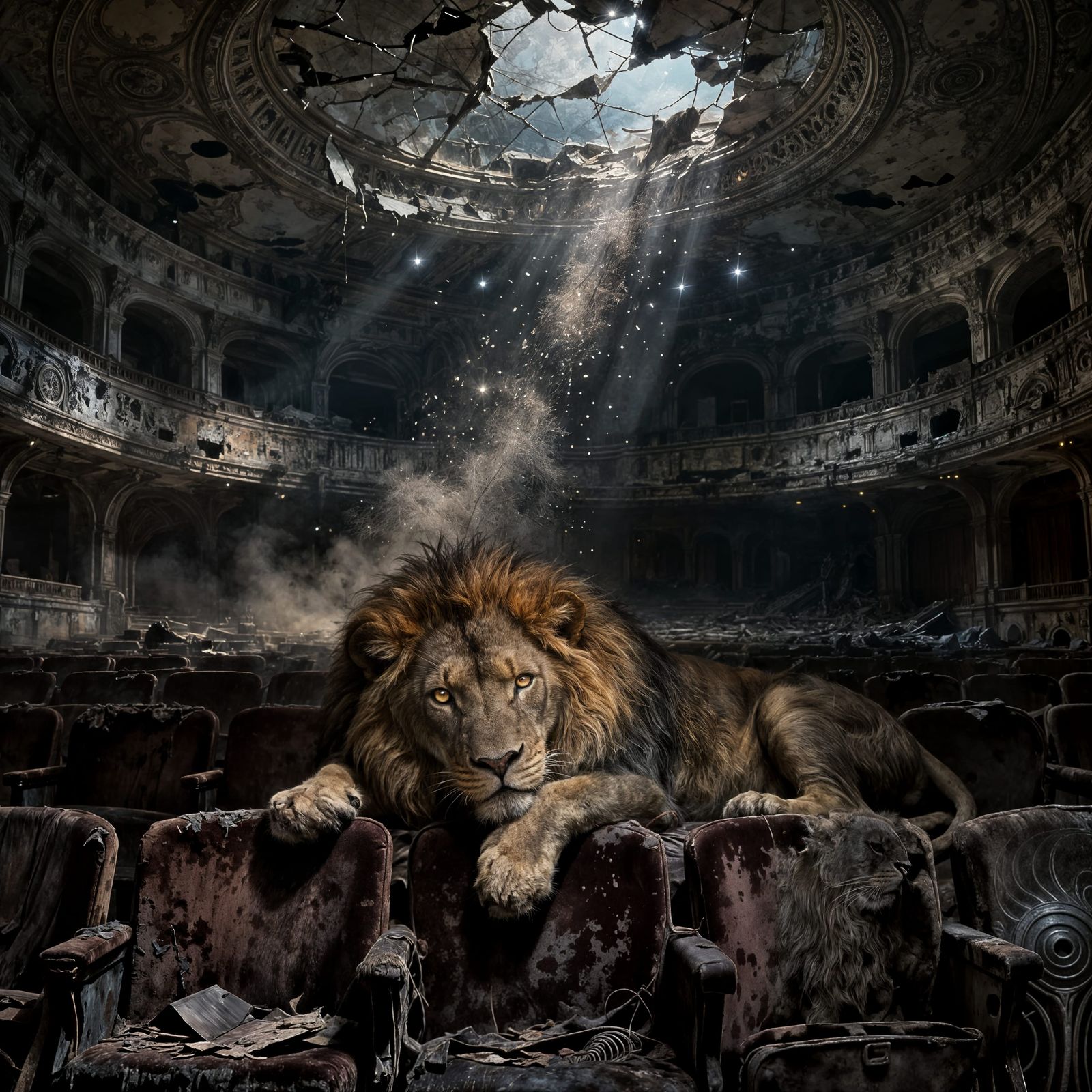Lion in Abandoned Opera House, Dark Fantasy Art