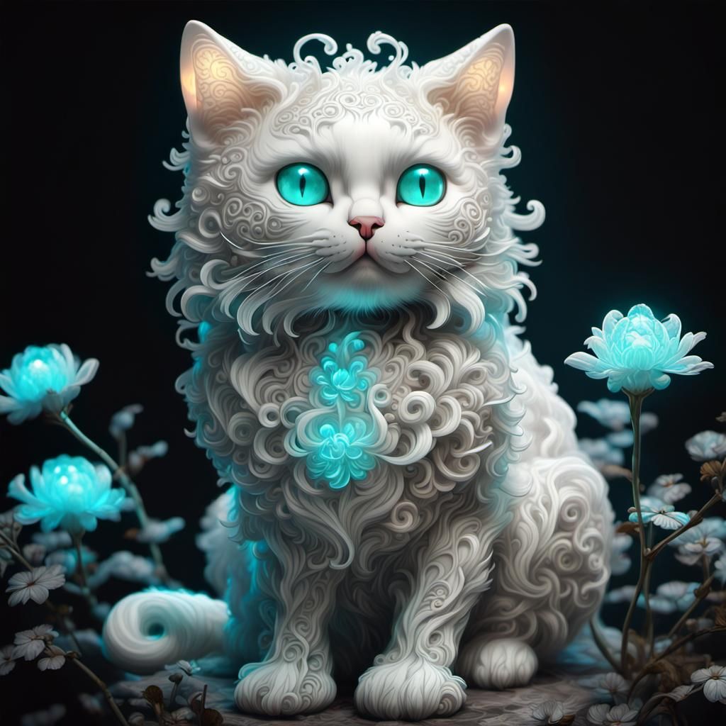 Luminous Filigree Cat with Bioluminescent Flowers