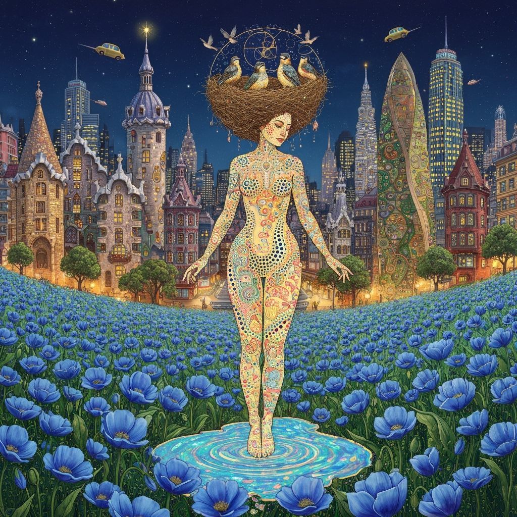 Ethereal Woman Floating in Poppy Field, Dreamlike Art