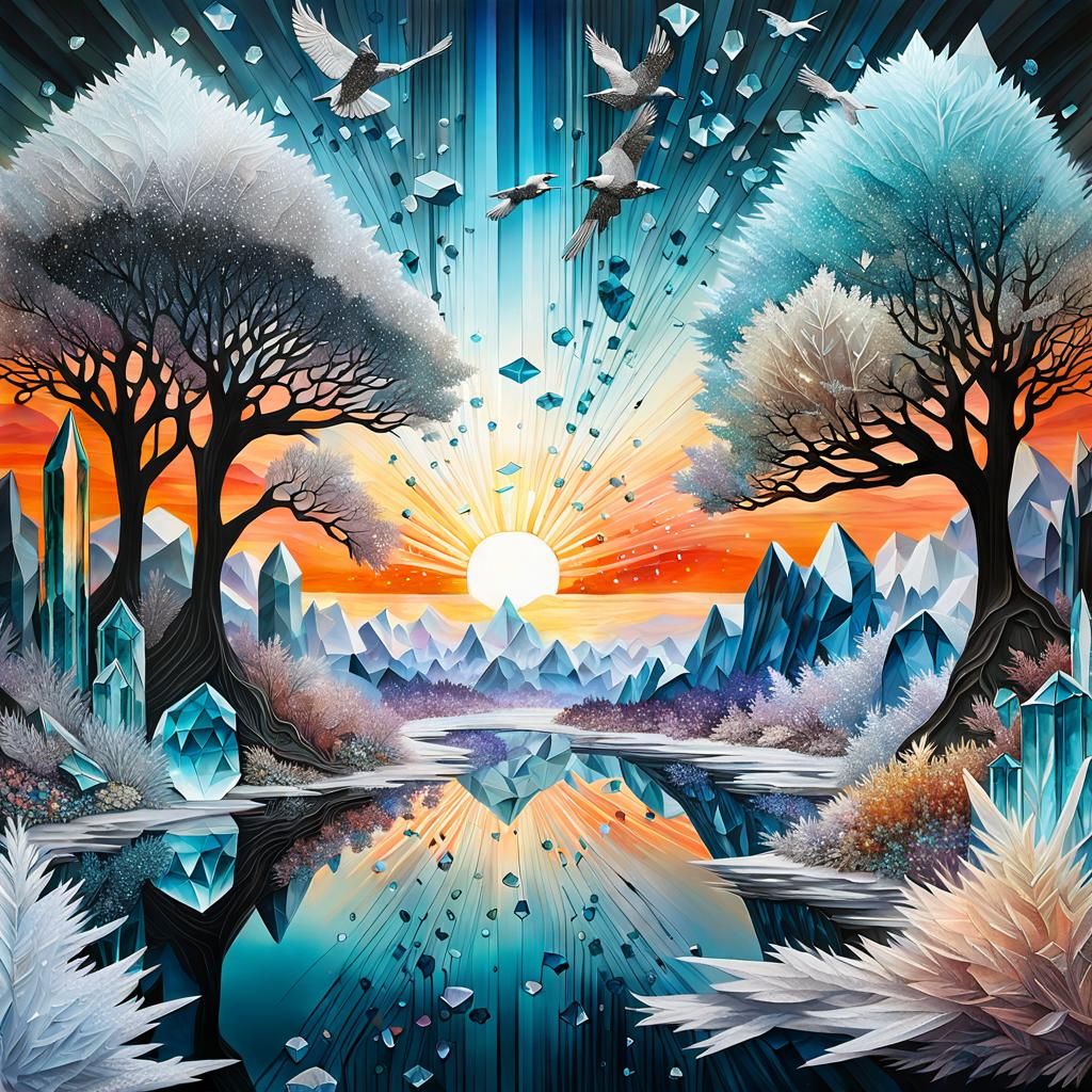 Crystalline Landscape: A Mixed Media Surrealist Vision