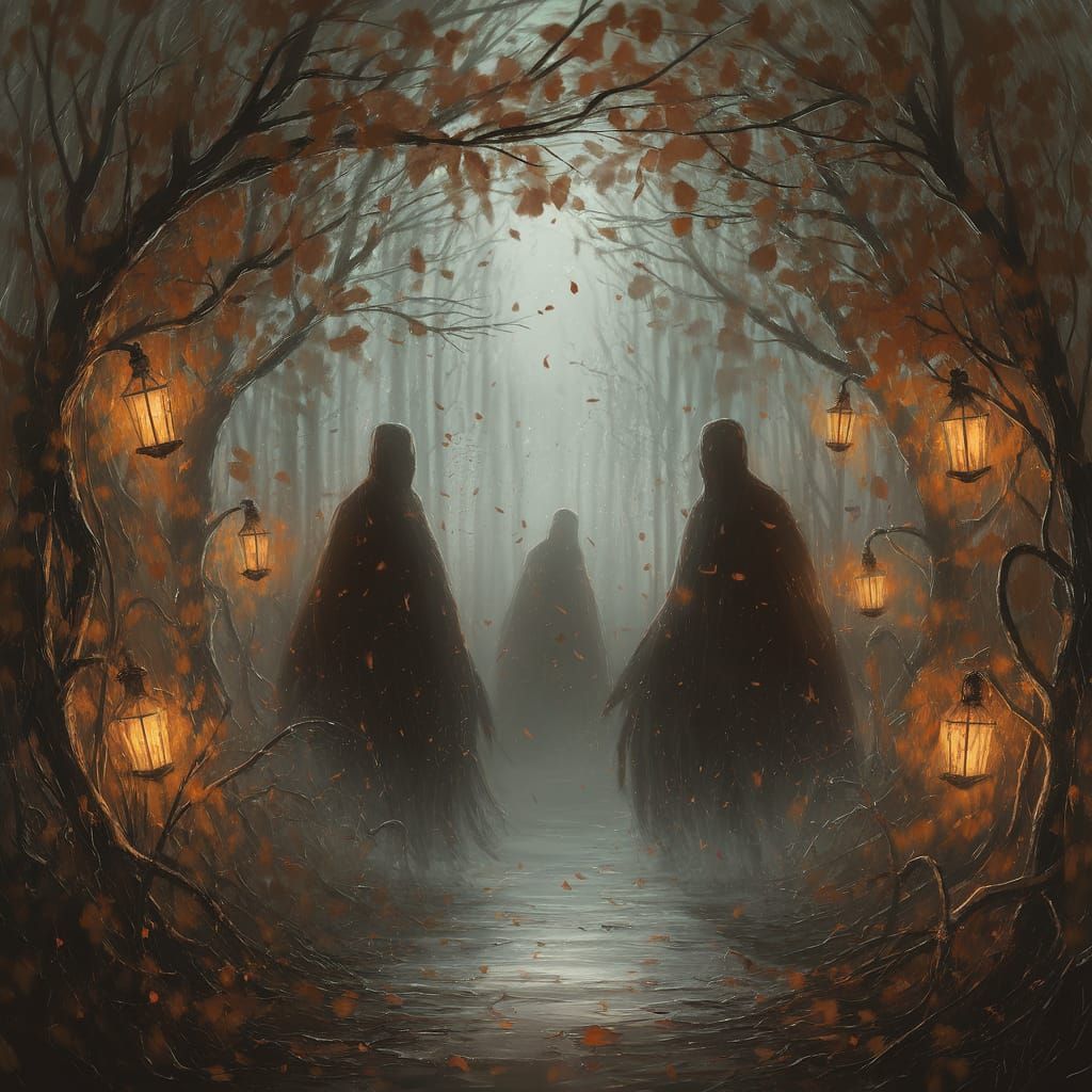 Eerie Silhouettes in Impressionistic Garden Scene