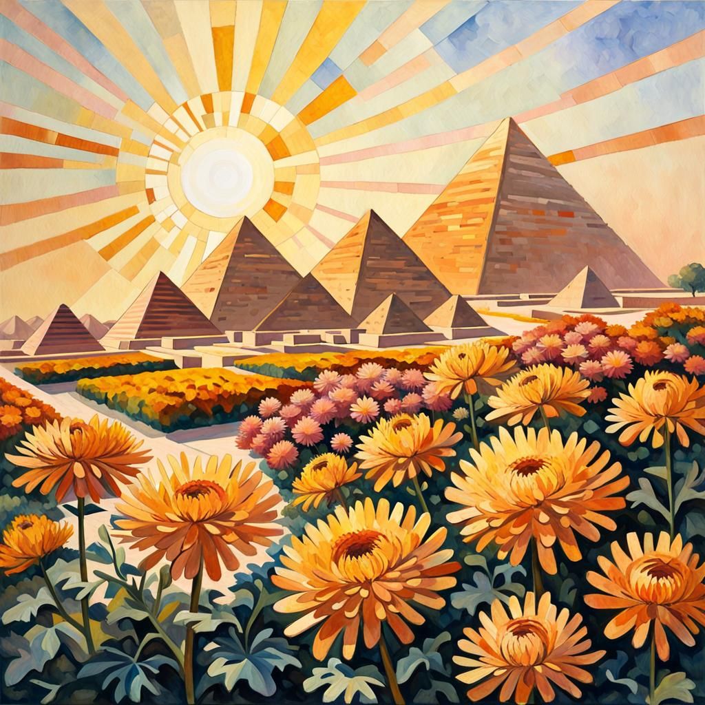 Giza Pyramids and Chrysanthemums in Cubist Gouache Style