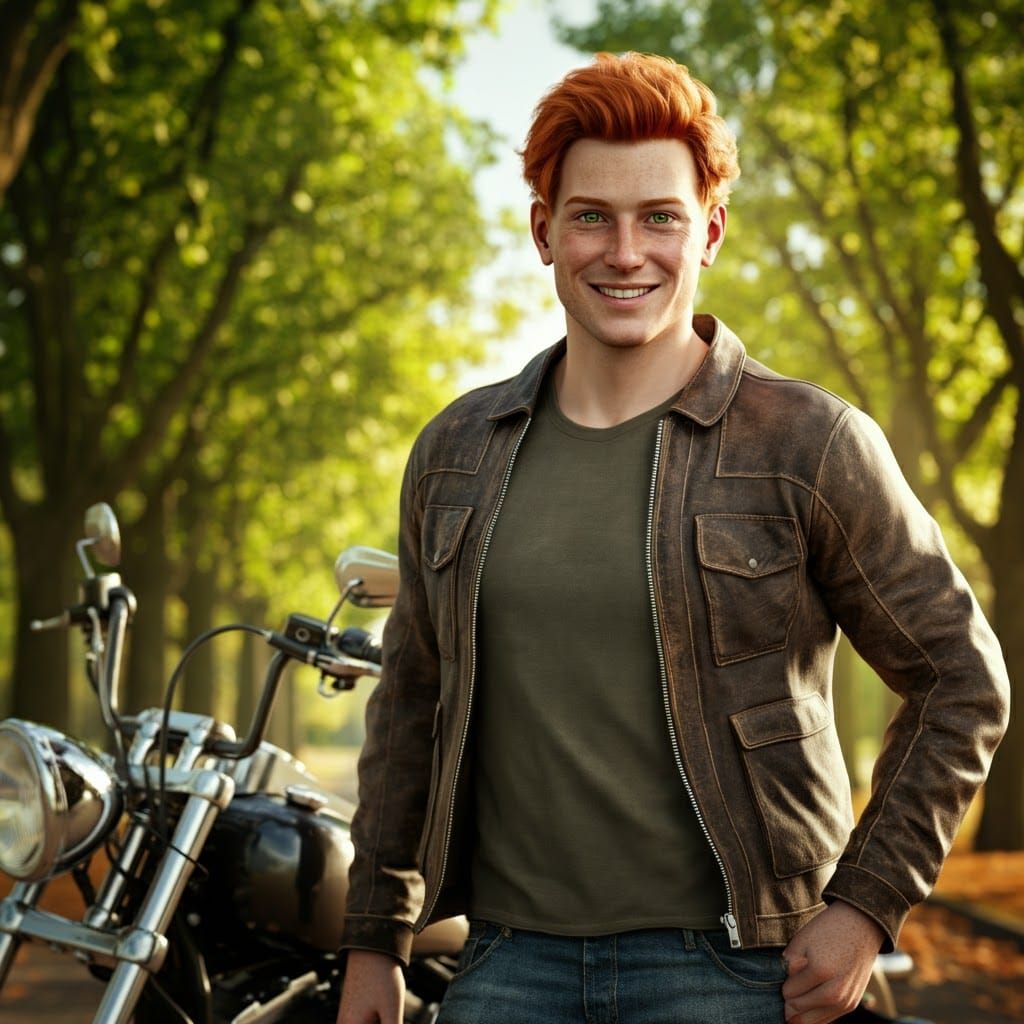 Redhead Portrait Beside Harley Davidson in Sunlight