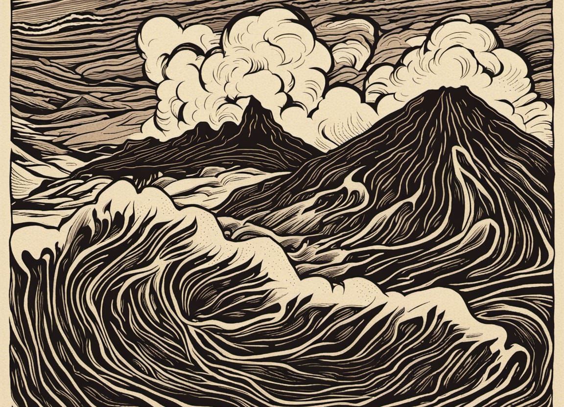 Hawaiian Volcano Woodcut Relief Print