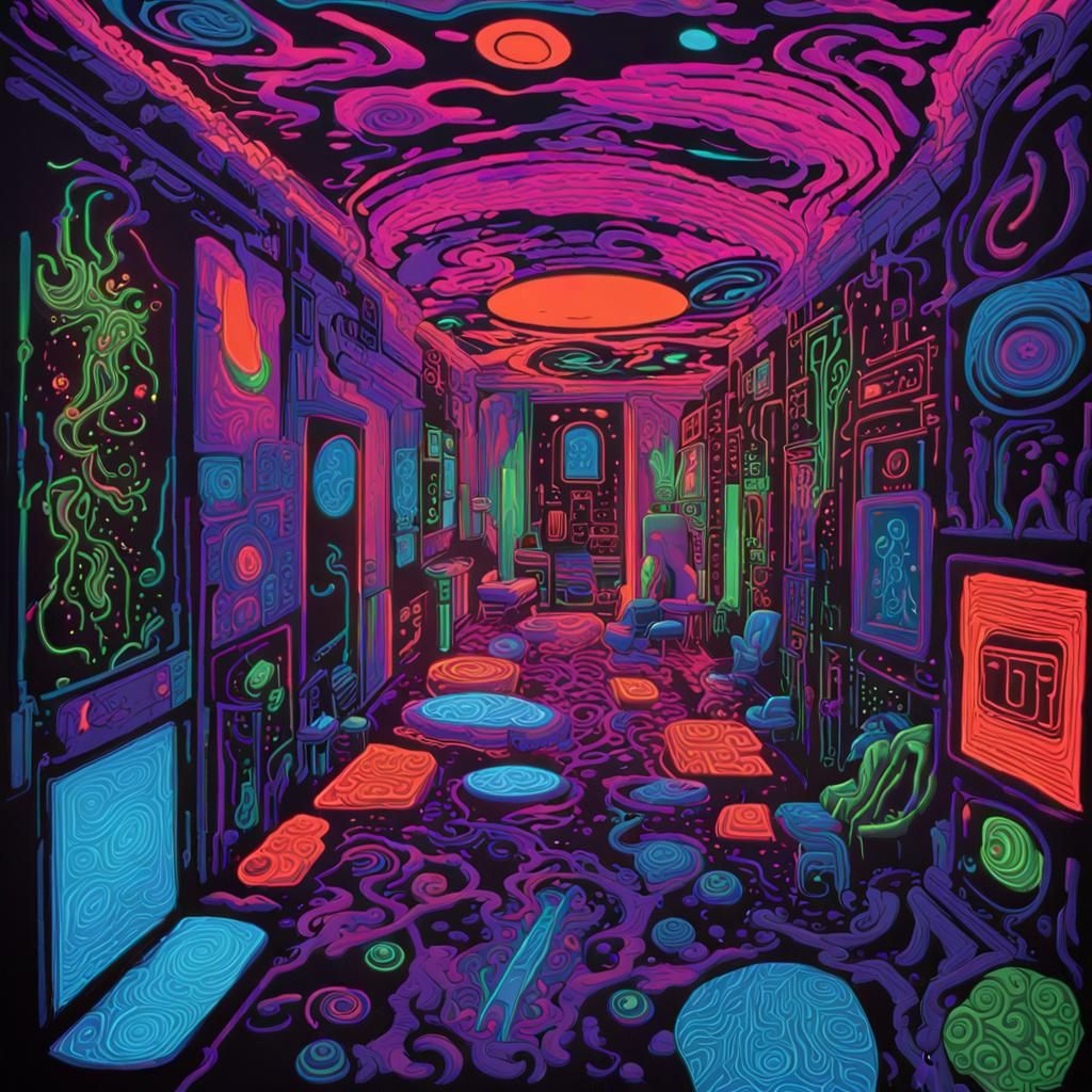 Psychedelic Blacklight Poster with Surreal Cityscape